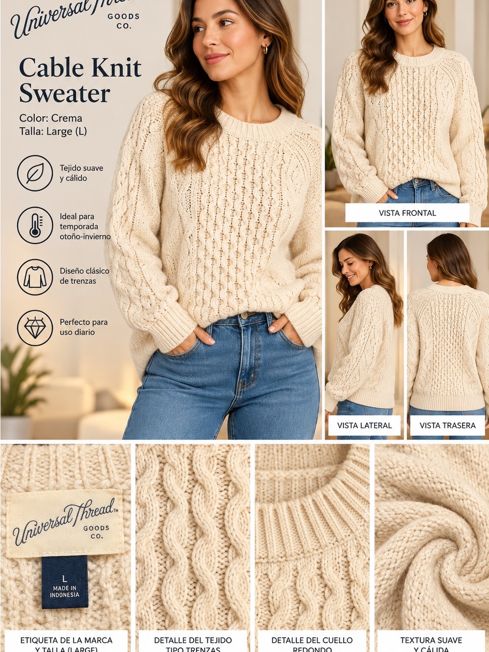 Universal Thread Cream Cable-Knit Crew Sweater